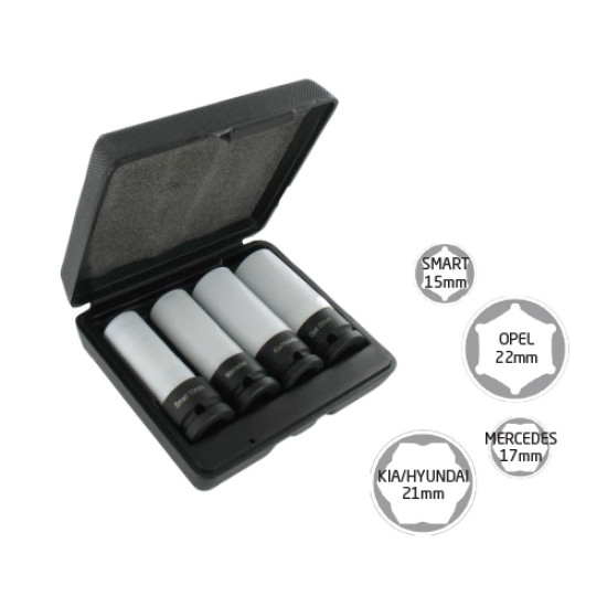 Jogo 4 Chaves de Impacto 1/2" Longas Especiais Kia, Hyundai, Mercedes, Opel e Smart Jogo 4 Chaves de Impacto 1/2" Longas Especiais Kia, Hyundai, Mercedes, Opel e Smart